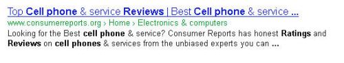 A Google snippet showing a page from Consumer Reports on cell phone services with some highlighted terms in the snippet.
