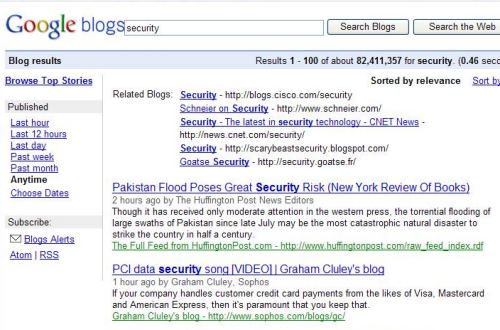 A blog search started from the Google Blog Search home page, for the term security, which shows related blogs link at the top of the results, but doesn't link to a bigger list of related blogs.