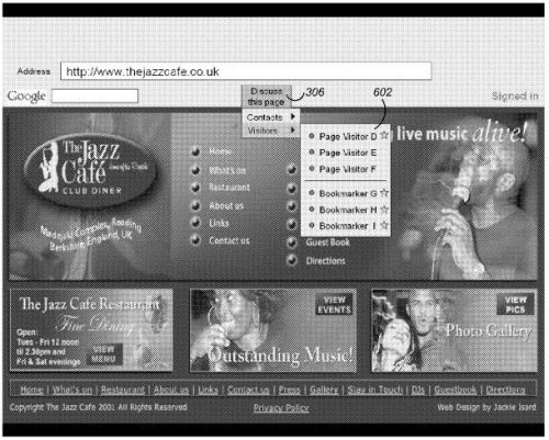 A screenshot from the patent of a web page, with a menu showing other visitors to a web page.