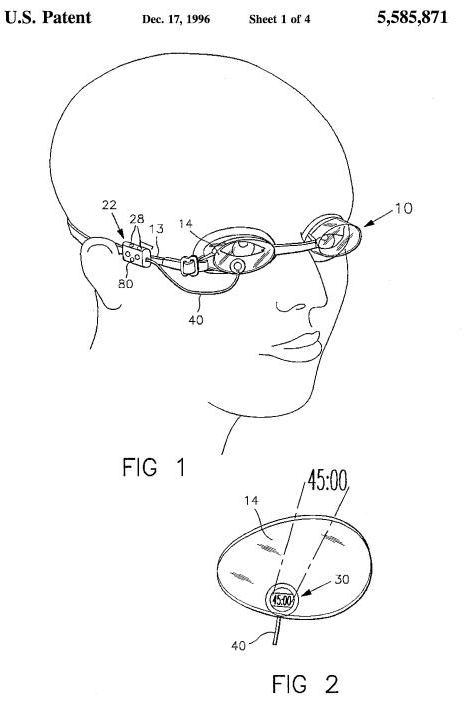 a screen shot from the patent showing someone wearing the swimming goggles, with a cut-out closeup of the monitoring apparatus in one of the goggle lenses.