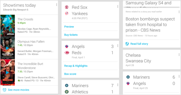 Google Now "cards" showing movie listings, sports scores & breaking news headlines