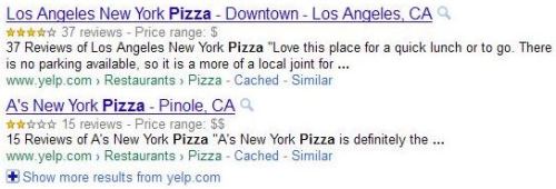 A screenshot of Google search results showing results for two different restaurants in a search for [pizza] in New York, indicating a number of starred reviews.
