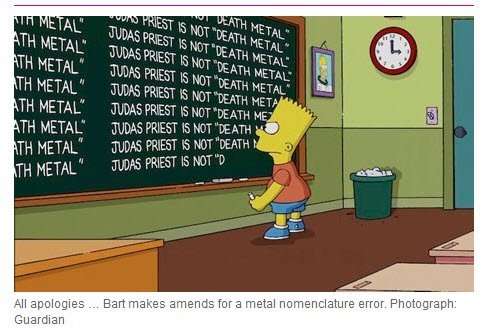 Bart Simpson writing on a bulletin board that Judas Priest is not a death metal band.