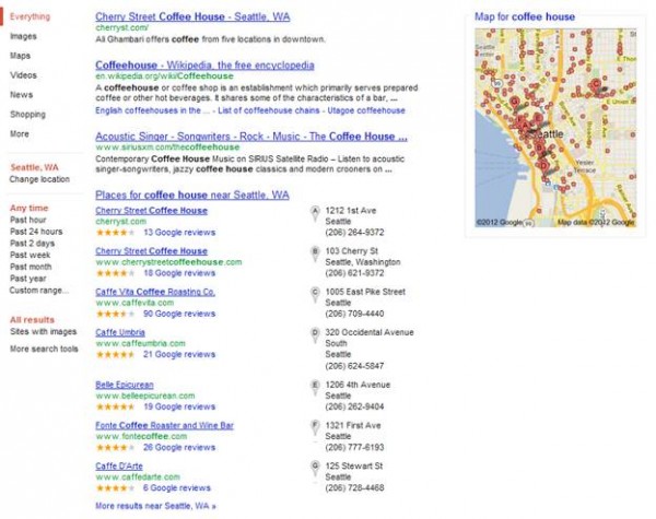 Google local search results for coffee house