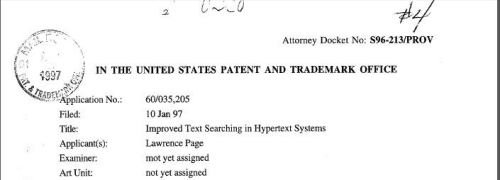 The top of the cover letter for the provisional patent filing for PageRank.