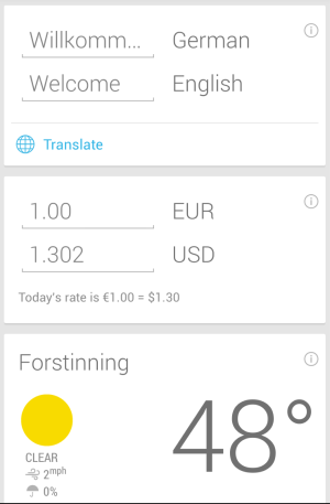 Google Now, showing translation and currency info