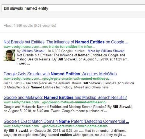 A search result for the query [bill slawski named entity] showing 4 results.