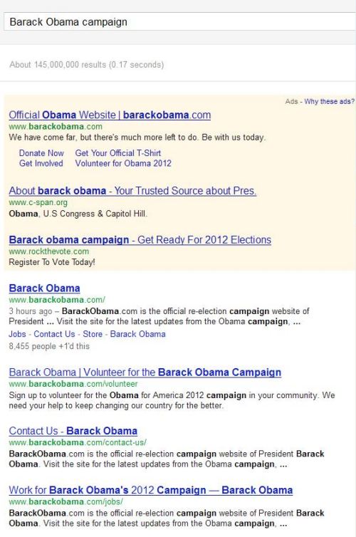 A search result for the query [barack obama campaign] showing 4 results.