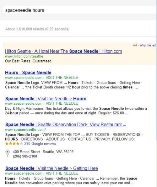 A search result for the query [space needle hours] showing 4 results.