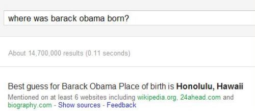 A Question and Answer result at Google for the question of where Barack Obama was born.