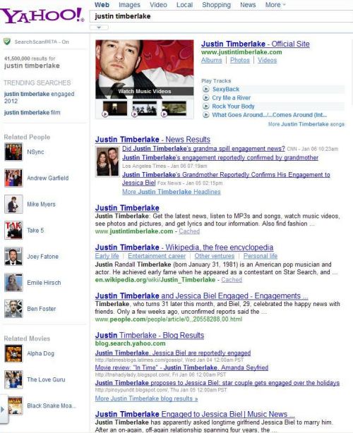 On a Yahoo search for [Justin Timberlake], the left column of the search result shows related people such as NSync, Andrew Garfield, Mike Myers, and Joey Fatone, and related movies such as Alpha Dog, and The Love Guru.
