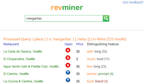 A snapshot of the search on the revminer site, with a search for margaritas.
