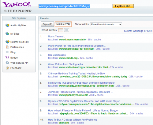 Yahoo Site Explorer: Comforter